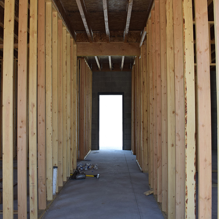Wood framing of a hallway in a commercial construction project in Morgan, Utah